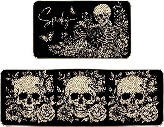 Artoid Mode Spooky Skeleton Skull Floral Halloween Kitchen Mats Set of 2, Home Decor Low-Profile Kitchen Rugs for Floor - 17x29 and 17x47 Inch - skull toilet rug