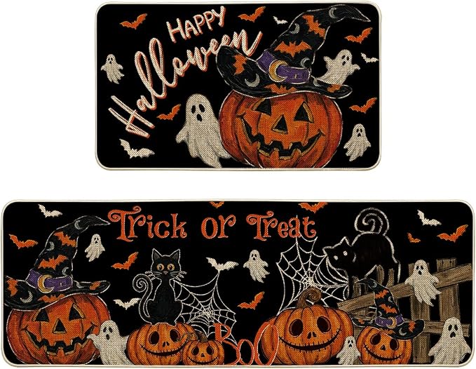 Artoid Mode Jack-O'-Lantern Ghost Cat Happy Halloween Kitchen Mats Set of 2, Home Decor Low-Profile Kitchen Rugs for Floor - 17x29 and 17x47 Inch - skull floor mat