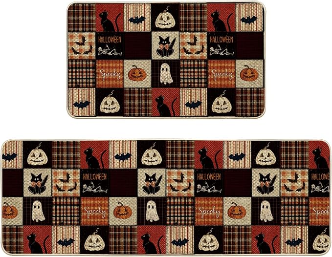 Artoid Mode Jack-O’-Lantern Cat Bat Ghost Plaid Halloween Kitchen Mats Set of 2, Home Decor Low-Profile Kitchen Rugs for Floor – 17×29 and 17×47 Inch