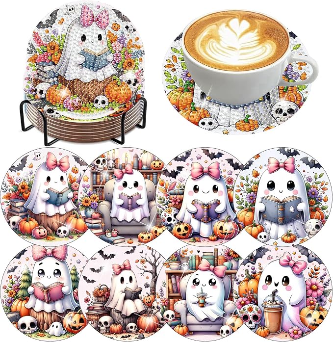 8 Pack Diamond Art Coasters,Halloween Ghost Diamond Painting Coasters Kits - skull coaster