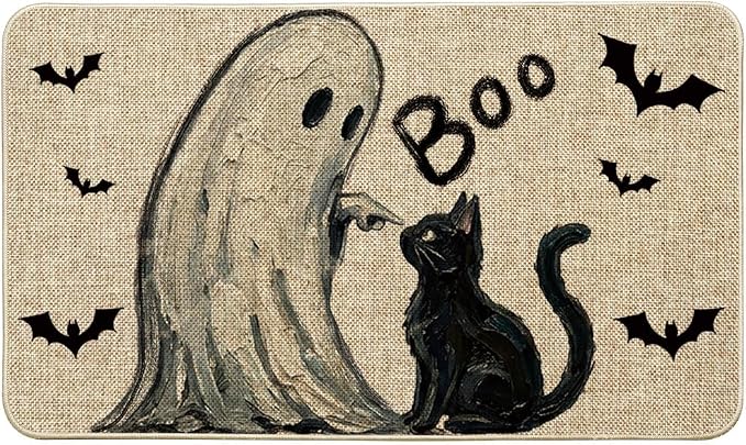 Artoid Mode Black Cat Boo Halloween Doormat, Low-Profile Switch Rug Door Home Decor Mat Floor Mat for Indoor Outdoor 17×29 Inch
