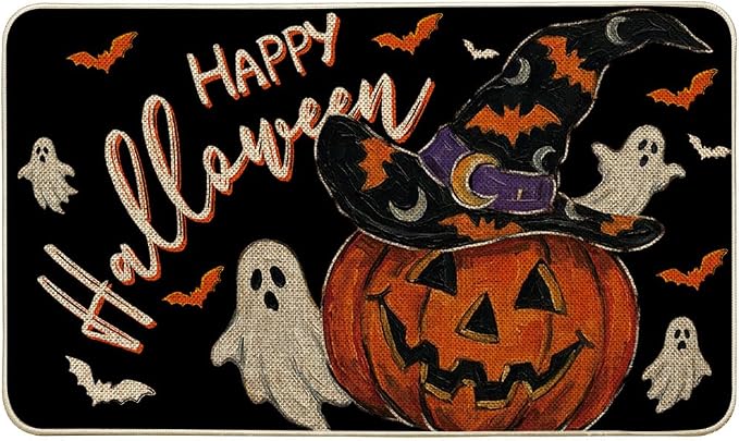 Artoid Mode Witch Hat Jack-O'-Lantern Halloween Doormat, Low-Profile Switch Rug Door Home Decor Mat Floor Mat for Indoor Outdoor 17x29 Inch - skull floor mat
