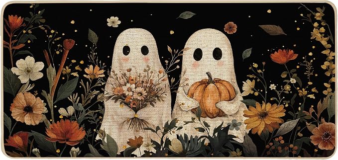 Halloween Ghost Long Doormat 17×36 Inch Indoor Outdoor Outside,Cute Pumpkin Floral Happy Fall Front Welcome Door Mat Non-Slip Rubber Backing Seasonal Kitchen Entrance Floor Decoration