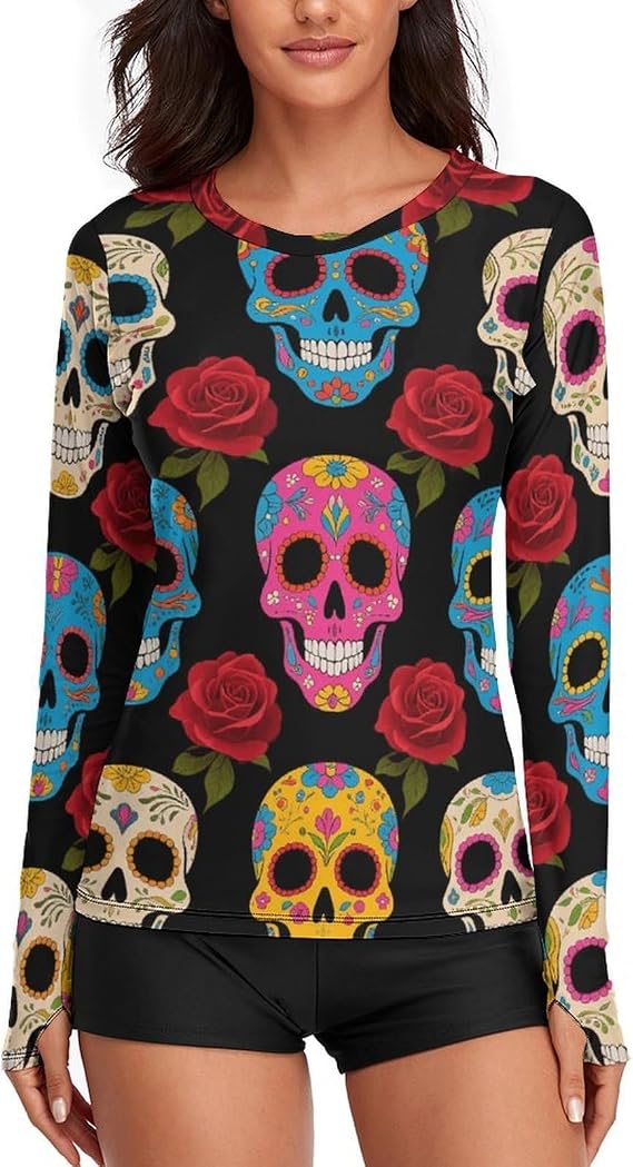 Sugar Skulls Rash Guard for Women UV Protection Long Sleeve Workout Tops Dry Fit Hiking Swim Shirt White - skull tshirt