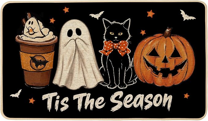 Halloween Ghost Doormat 17x29 Inch Indoor Outdoor Outside,Spooky Pumpkin Tis The Season Black Cat Front Fall Welcome Door Mat Non-Slip Rubber Backing Kitchen Entrance Floor Decoration - skull floor mat