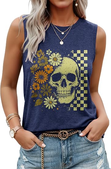 LUXVEER Women’s Tank Tops Summer Graphic Tees Sleeveless T Shirts Casual Loose Tunic Blouses Beach Vacation Outfits 2026 - skull tank tops