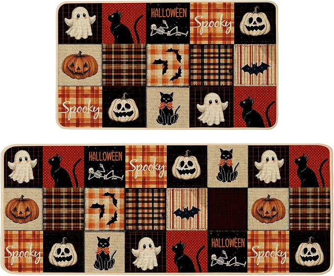 Halloween Ghost Kitchen Rugs Set of 2,Plaid Spooky Pumpkin Black Cat Skull Bat Mat Rug Indoor Outdoor Low-Profile Non Slip Absorbent Floor Mats for Home Holiday Decor 17x29 and 17x47 Inch - skull floor mat