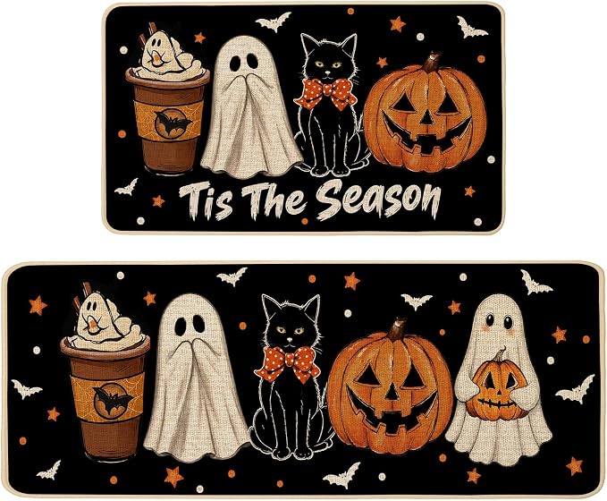 Halloween Ghost Kitchen Rugs Set of 2,Tis The Season Spooky Pumpkin Black Cat Mat Rug Indoor Outdoor Low-Profile Non Slip Absorbent Floor Mats for Home Holiday Decor 17x29 and 17x47 Inch - skull floor mat