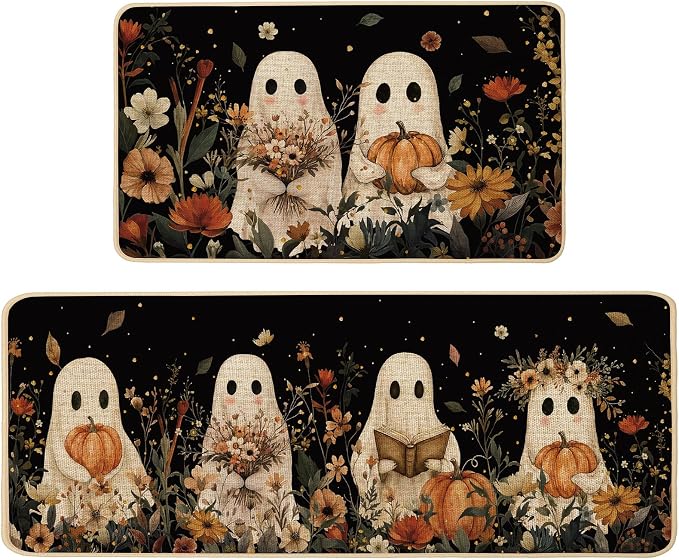 Halloween Ghost Kitchen Rugs Set of 2,Spooky Pumpkin Fall Floral Black Mat Rug Indoor Outdoor Low-Profile Non Slip Absorbent Floor Mats for Home Party Holiday Decor 17x29 and 17x47 Inch - skull carpet