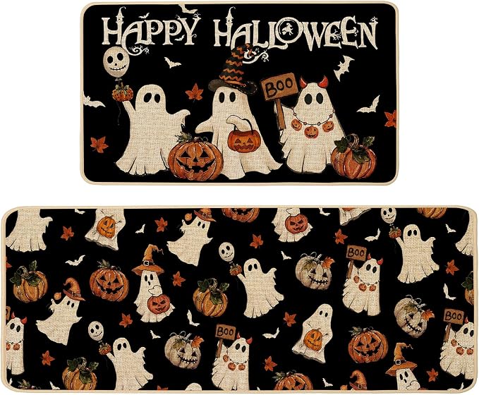 Halloween Ghost Kitchen Rugs Set of 2,Spooky Pumpkin Fall Black Kitchen Mat Rug Indoor Outdoor Low-Profile Non Slip Absorbent Floor Mats for Home Party Holiday Decor 17x29 and 17x47 Inch - skull carpet