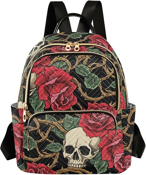 susiyo Gothic Rose Skull Pattern Backpack for Women Red Black Gold 10L Bag Halloween Romantic Ladies Backpacks Travel Casual Daypack - skull backpack
