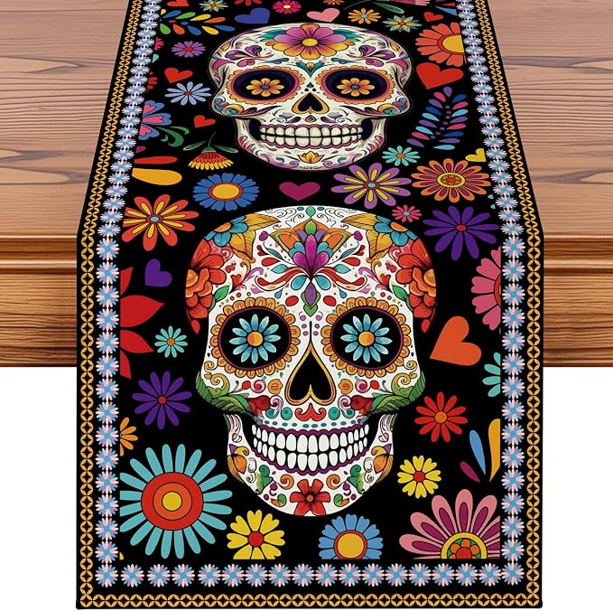 Artscope Day of The Dead Sugar Skull Flowers Mexican Table Runner, Ultra Soft Dia De Los Muertos Kitchen Dining Table Decoration for Home Decor 13x72 Inch - skull floor mat