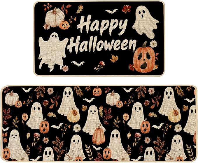 Halloween Kitchen Rug Cute Ghost Set of 2,17x29 and 17x47 Inch - skull floor mat
