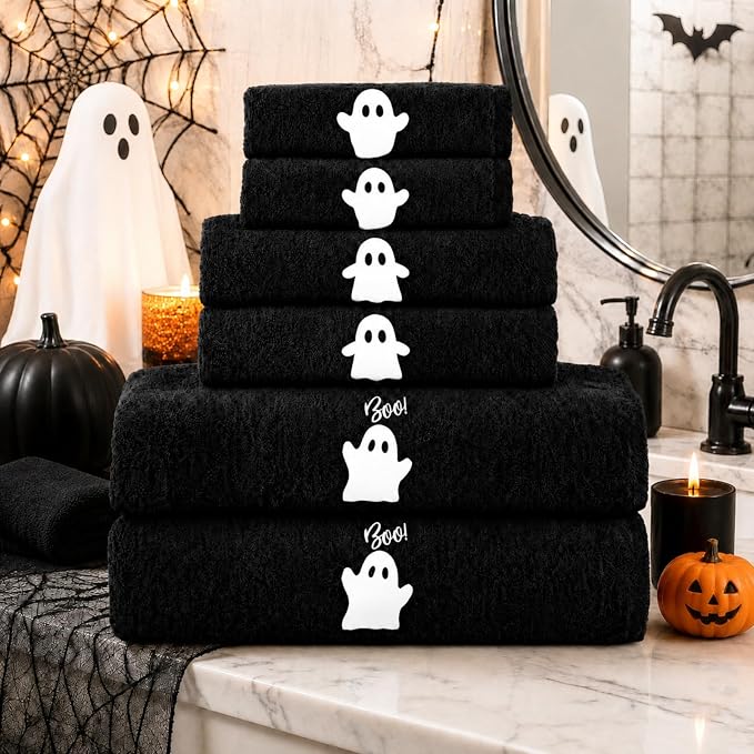 Peryiter 6 Pcs Halloween Ghost Towels Black White Cute Bathroom Towels - skull toilet paper