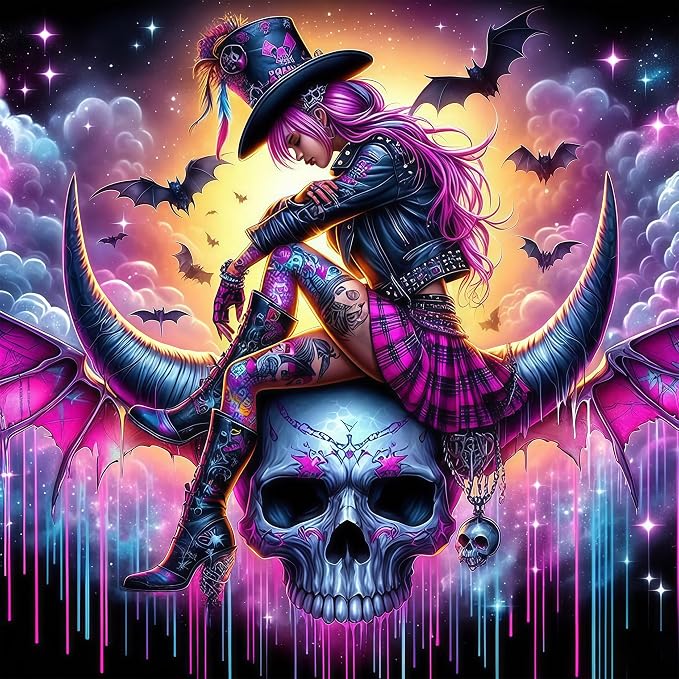 YFYDAFX Halloween Diamond Art Kits for Adults, 5D Gothic Skull Diamond Painting Kits for Beginners, Punk Girl DIY Full Drill Round Paint by Diamonds Dot Gem Art for Home Wall Decor 12x16inch - skull painting