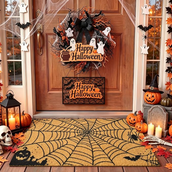 Halloween Spider Web Welcome Door Mat for Front Door Non-Slip 17x29 - skull door mat
