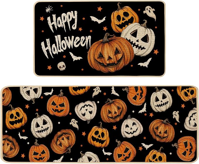 Happy Halloween Ghost Kitchen Rugs Set of 2,Spooky Pumpkin Fall Black Mat Rug Indoor Outdoor Low-Profile Non Slip Absorbent Floor Mats for Home Party Holiday Decor 17x29 and 17x47 Inch - skull carpet