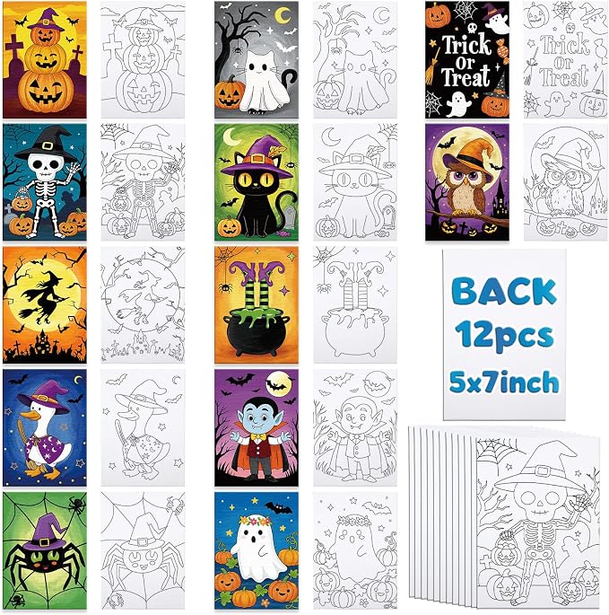 Louise Maelys 12 Pack Halloween Pre Drawn Canvas to Paint for Kids