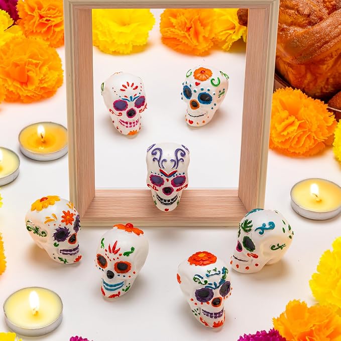 7Pcs Day of the Dead Skulls Decor, Mini Dia De Los Muertos Decorations - sugar skull ornament