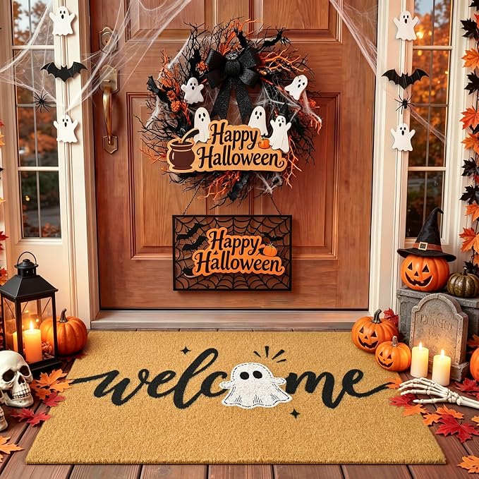 Halloween Welcome Mat Ghost Non-Slip Front Door Mat, 17x29 in - skull floor mat