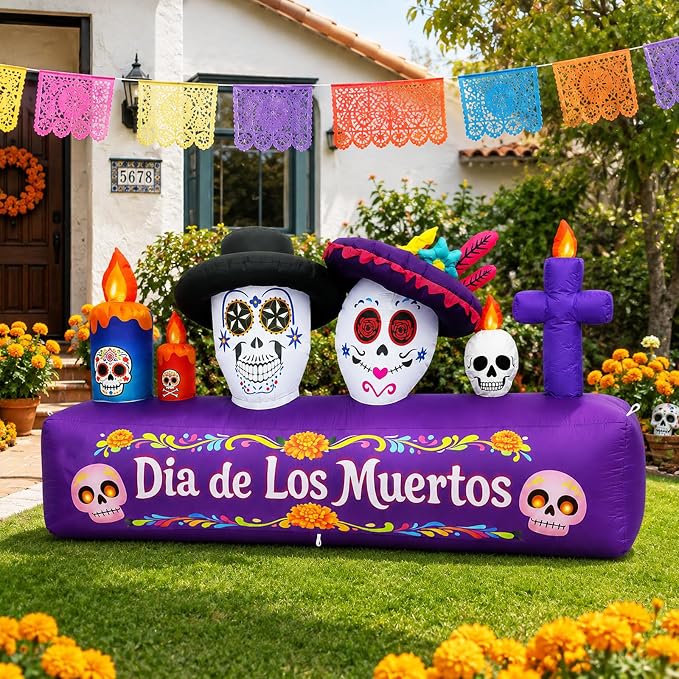 8FT Dia de Los Muertos Inflatable Decorations, 6FT Tall Day of the Dead Inflatable with Skull Couple, Candles and Cross, 4 LED Lights, Halloween Blow Up Yard Decorations Outdoor, Sugar Skull Decor - skull candle