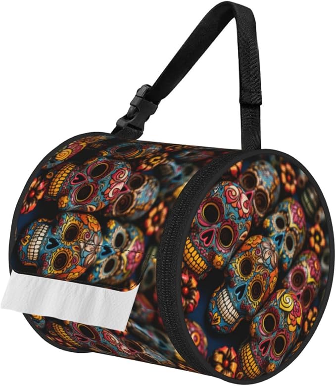 Colorful Sugar Skulls Hanging Toilet Paper Holder Waterproof Tissue Holder Cat Proof Roll Paper Case Cover Portable Foldable Roll Storage Bag with Adjustable Strap for Travel Car Camping Outdoor - skull toilet paper