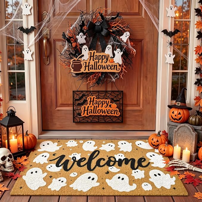 Halloween Welcome Mat Spooky Non-Slip Front Door Mat, 17x29 in - skull floor mat