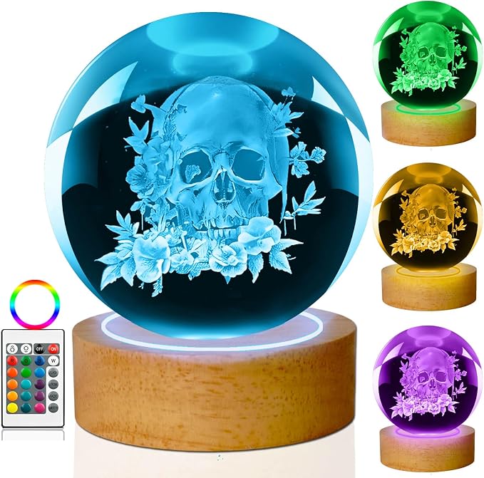 Skull Crystal Ball Night Light Gothic Lamp Wooden Base & Remote - skull lamp
