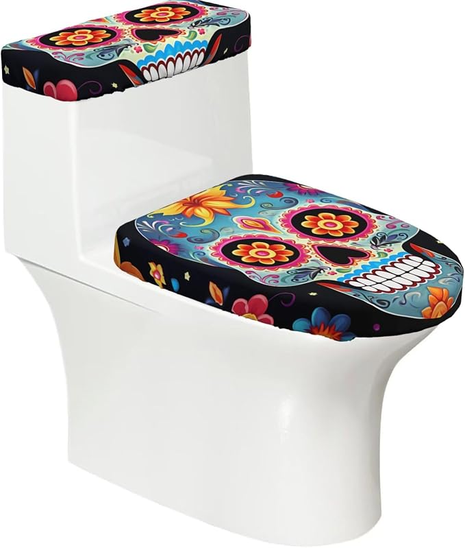 Sugar Skulls 2 Pcs Toilet Tank Cover and Toilet Lid Cover Set, Stretch Washable Toilet Seat Covers with Elastic Bottom Universal Soft Toilet Cover Set for Bathroom Decor Accessories - skull toilet paper