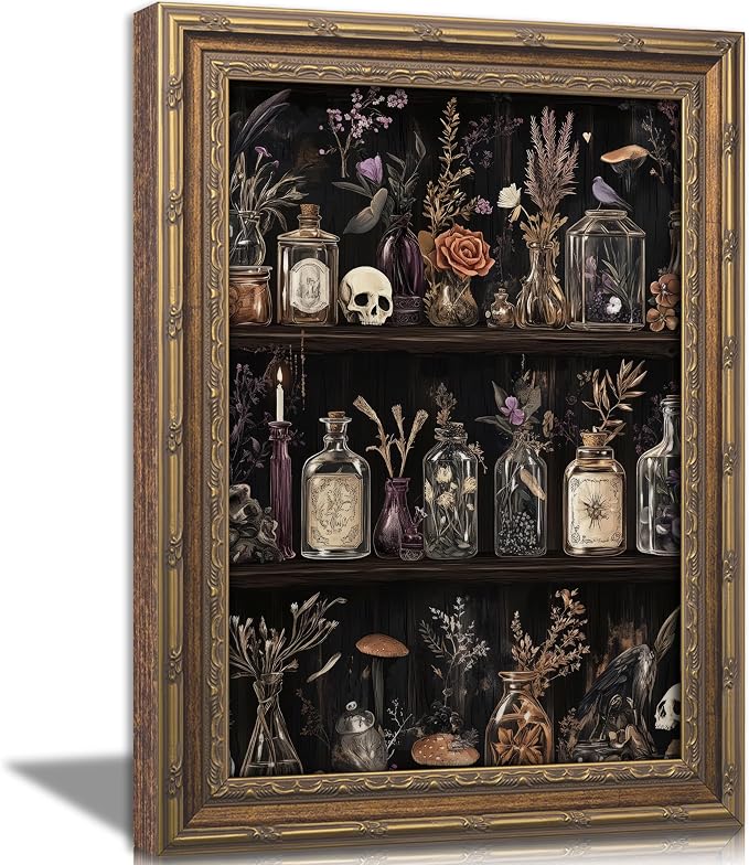 Vintage Gold Framed Gothic Wall Art, Apothecary Witchy Canvas Print, Dark Academia Potion Bottle Skull Floral Wall Decor, Antique Spooky Witchcore Poster, Halloween Artwork for Bedroom Living Room