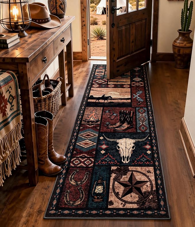 Washable Western Cowboy Hallway Runner Rug 2x6 - skull carpet