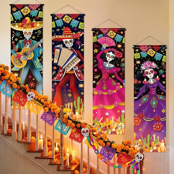 Unittype Day of The Dead Decorations, 4 Hanging Porch Banners - skull floor mat