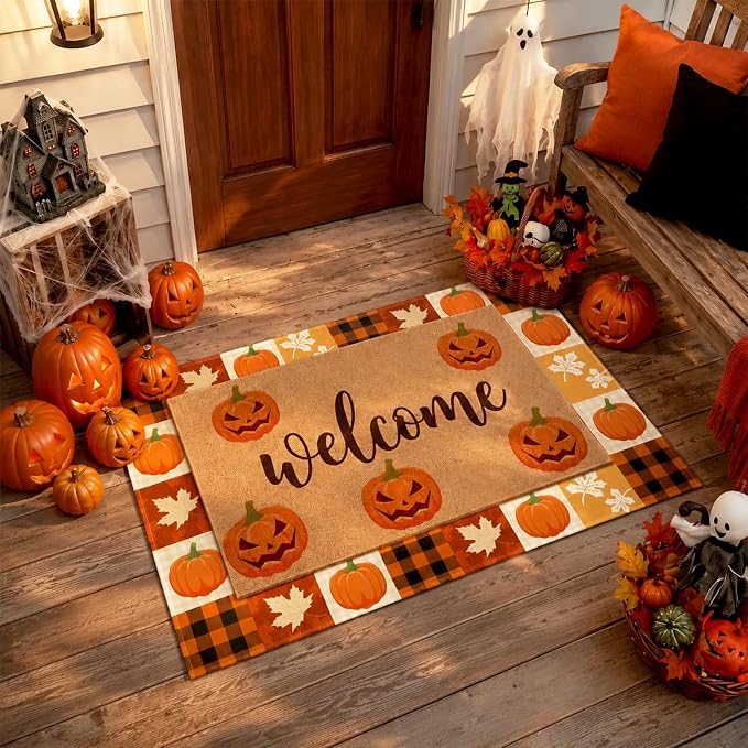 2 Pcs Fall Halloween Door Mat Outdoor Welcome Pumpkin Rug - skull toilet mat