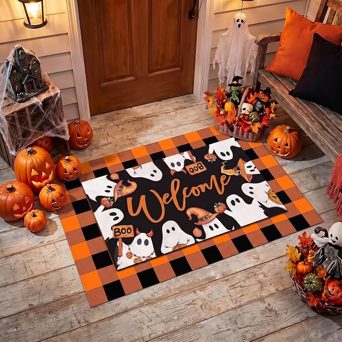 2 Pcs Halloween Door Mat Outdoor Welcome Ghost Boo Rug - skull floor mat
