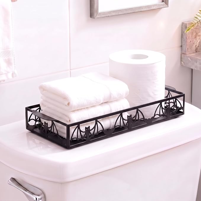 Halloween Bat Toilet Paper Basket, 12.6'' Metal Toilet Tank Tray - skull toilet mat