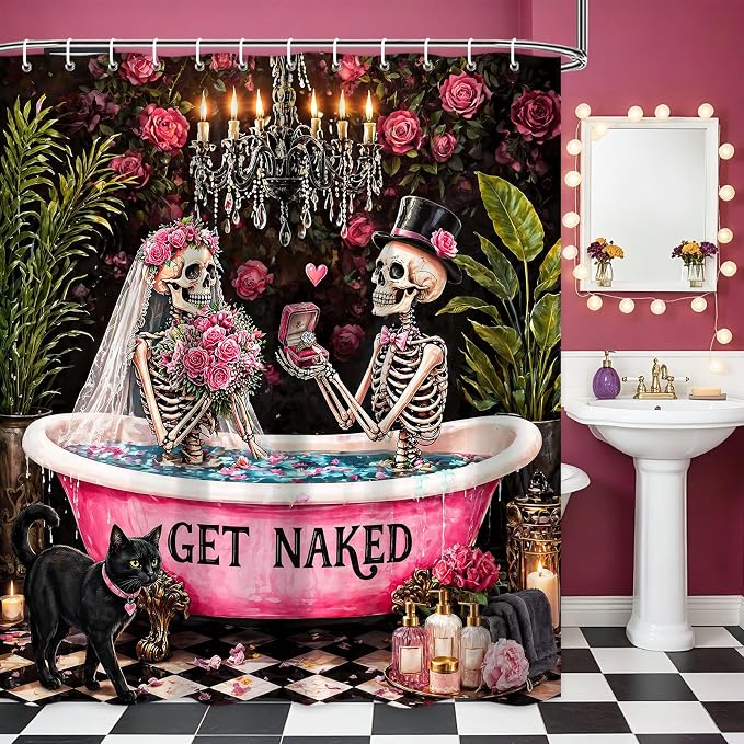 Funny Gothic Skull Couple Shower Curtain, Get Naked Pink Rose Bathroom Decor, Spooky Black Cat Halloween Bath Curtain, Waterproof Washable Fabric with Hooks,72X72IN