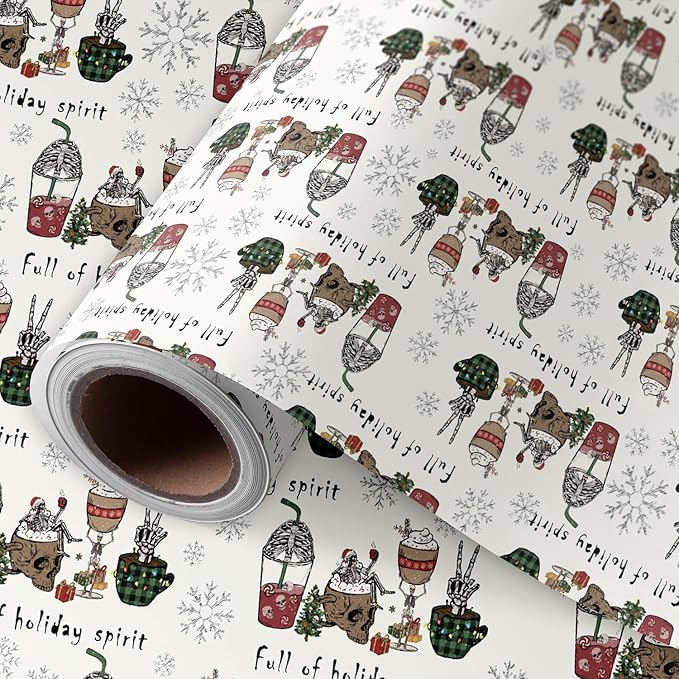 Lyforpyton 17" x 24.6 Feet Christmas Wrapping Paper Rolls Total, Cute Skeleton Skull, Full of Holiday Spirit, Suitable for Party Celebration - skeleton