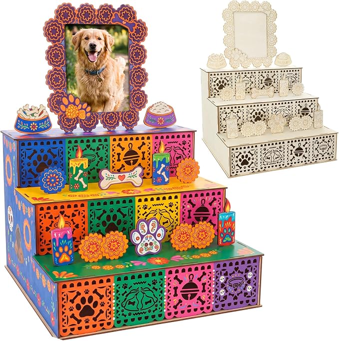 Wonderjune Pet Dia Day of The Dead Ofrenda Altar Wooden Shadow Box - skull wreath