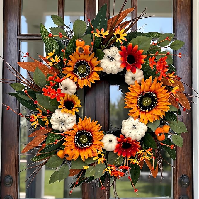 24 Inch Fall Front Door Wreath, White Pumpkins, Sunflower, Eucalyptus - skull wreath