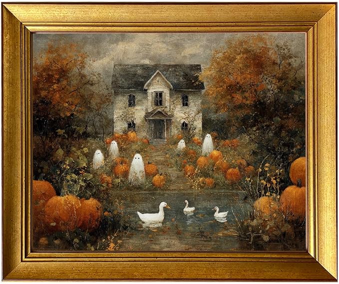 Gold Framed Ghosts Wall Art Vintage Haunted Mansion Halloween Print Painting Fall Decor Autumn Landscape Pumpkin Artwork Rustic Farmhouse Picture Wall Decor - skull wall art