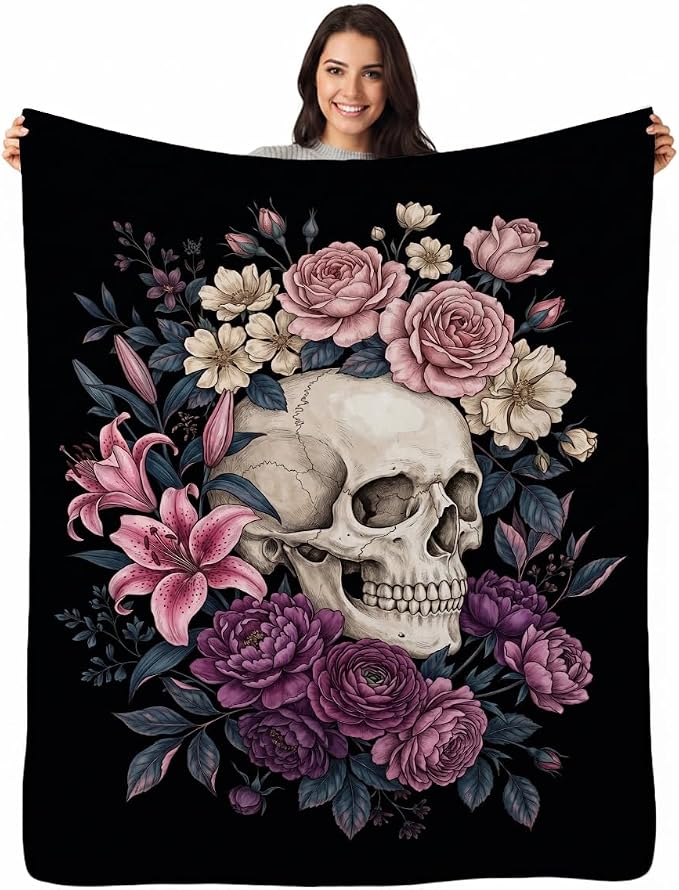Gothic Floral Skull Blanket, Soft Flannel Fleece Throw 50" x 60" - skull blanket