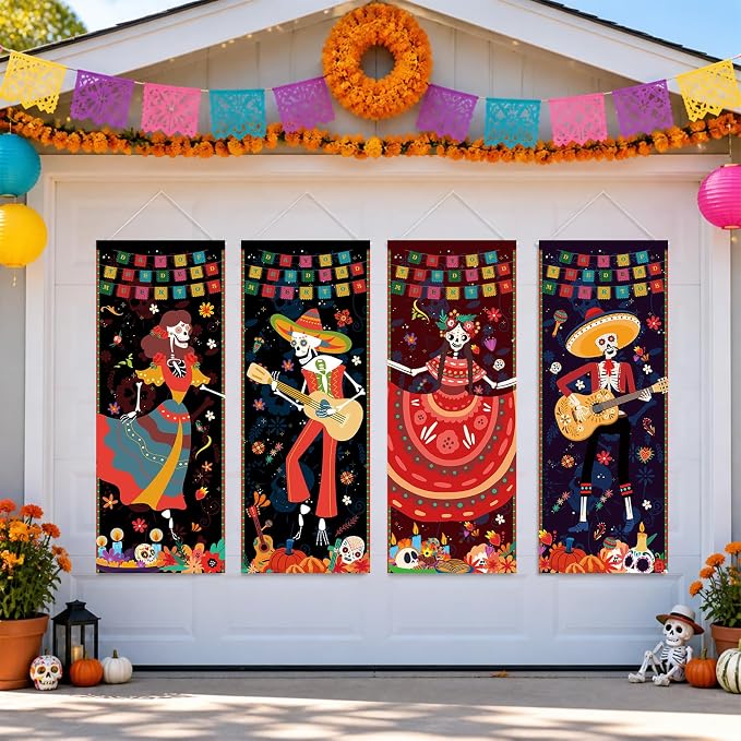 4Pcs Day of the Dead Porch Banners, 15.7 x 40.2 Inch Hanging Signs - skull carpet