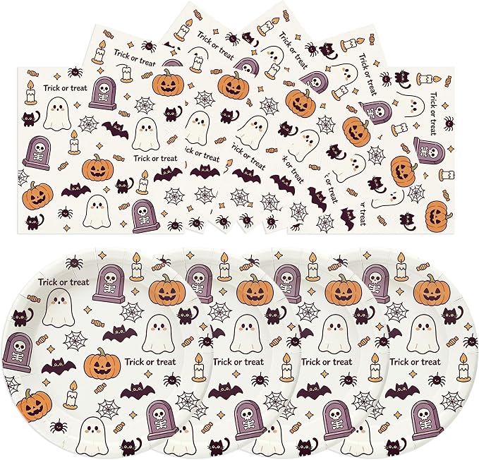 Halloween Plates and Napkins Set, 50-Piece Party Tableware - skull plate