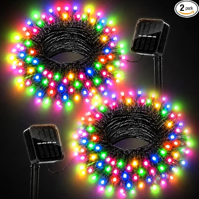 Solar Christmas Lights Outdoor Waterproof Solar Powered String Lights for Christmas Decorations, Total 100LED 45FT for Yard Pathway Garden Fence, 8 Modes 50LED x 2 Packs, Colorful - string light