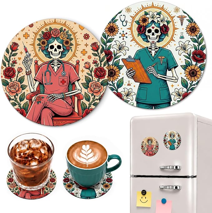 Skull Nurse Funny Round Tattoo Art Magnetic Coaster Set of 2 Doubles as Fridge Magnets, for The Office Desks Home Kitchen Coffee Tea Table, Birthday Housewarming Gifts for Nurse Friend Coworker RN NP - skull coaster
