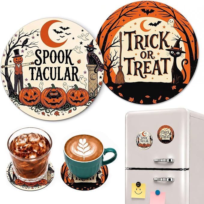 Halloween Funny Trick or Treat Round Magnetic Coaster Set of 2 Doubles as Fridge Magnets, for The Office Desks Home Kitchen Coffee Tea Table, for Family Party Decor Halloween Kitchen Table Decorations - skull coaster
