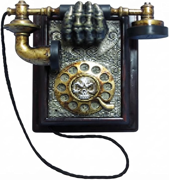 Vintage Skull Rotary Telephone Figurine - Gothic Halloween Tabletop Decor - skull figurine