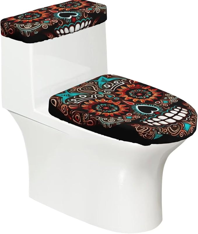 Sugar Skulls Day of The Dead Toilet Lid Cover and Toilet Tank Cover Set of 2,Dustproof Toilet Seat Lid Cover Stretchable Washable Toilet Top Cover for Bathroom Decor - skull toilet paper