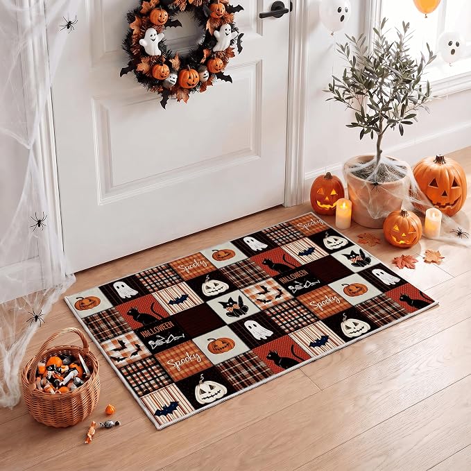 Artoid Mode Patchwork Ghost Bat Skull Check Halloween Area Rug 2x3 Feet - skull carpet