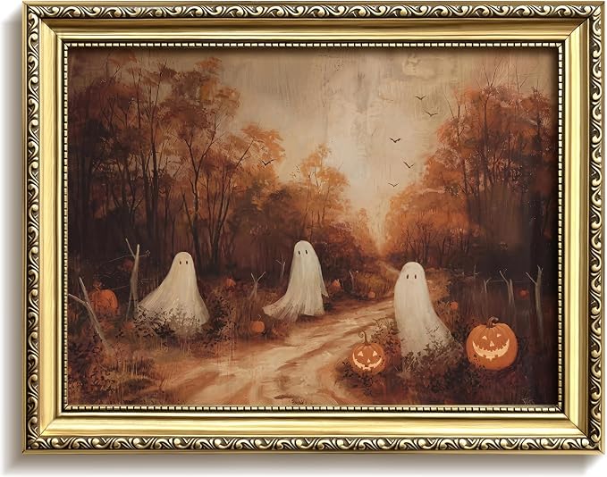 Vintage Gold Framed Halloween Wall Art, Cute Ghost Fall Wall Decor, Spooky Gothic Ghost Pumpkin Canvas Print, Autumn Forest Farmhouse Halloween Picture Decor for Living Room Bedroom 8x10in